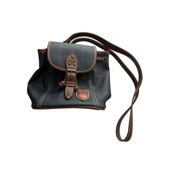 Vintage Esprit Plaid Mini Backpack Navy Brown Hobo Bag Crossbody Removable Strap - Picture 2 of 7